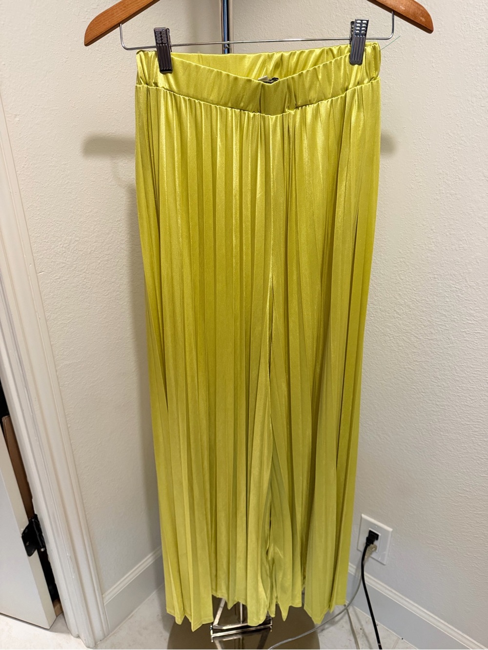 Pleated Yellow-Green Chartreuse Maxi Wide Leg Pants Flowy